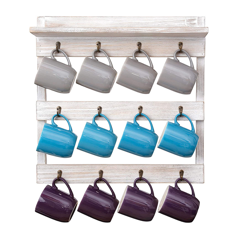Country Style mug rack wall mounted with shelf coffee cup adhesive hook wooden coffee cup display wall wine racks