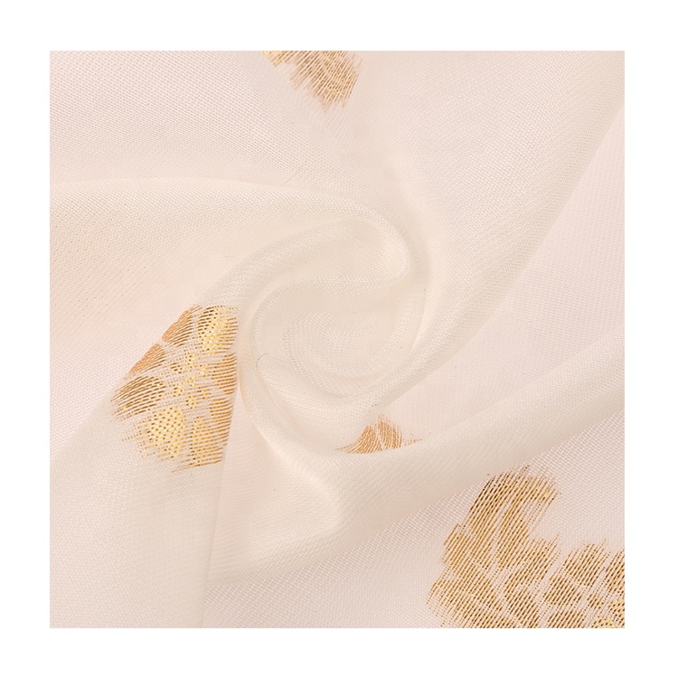 Golden Floral Embroidery White 100% Polyester Textile Clothes Dress Garment Jacquard Fabric