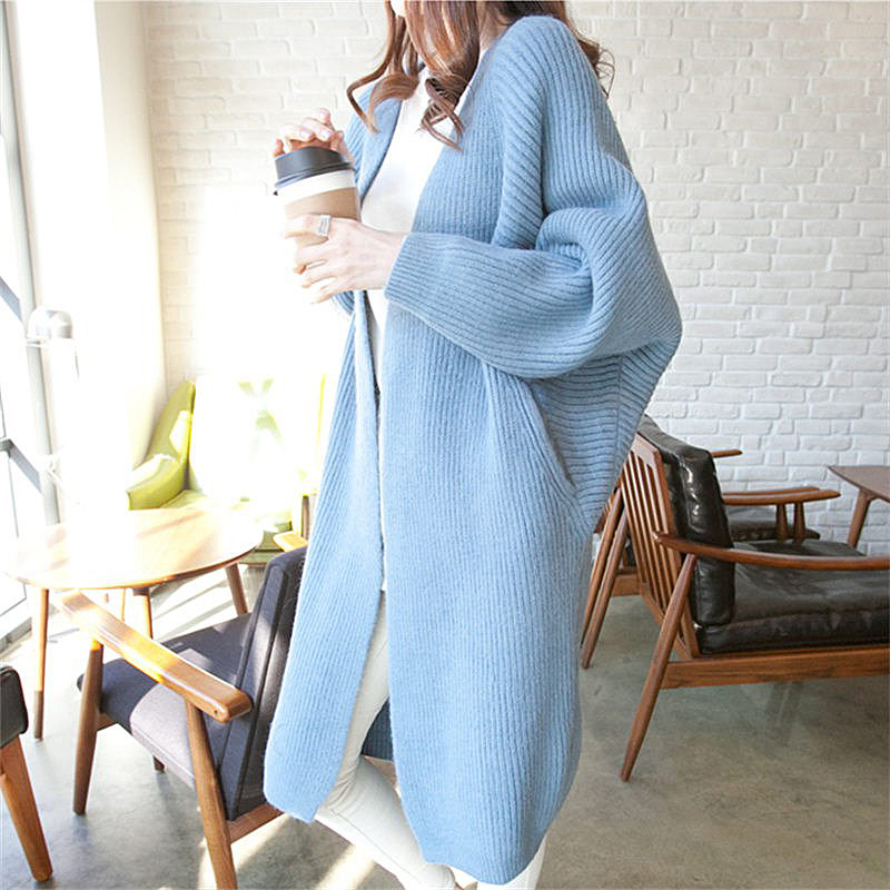 Wholesale Autumn Winter Korean Midi Cardigan Loose Knitted Batwing Sleeve Pockets Long Sweaters Open Front Cardigans For Women