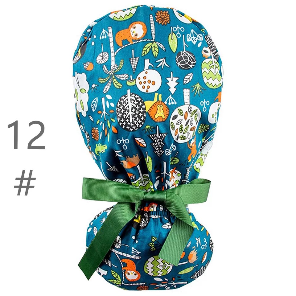 Breathable Scrub Cap Printed Button Work Hat Casual Ponytail Nurse Work Hat