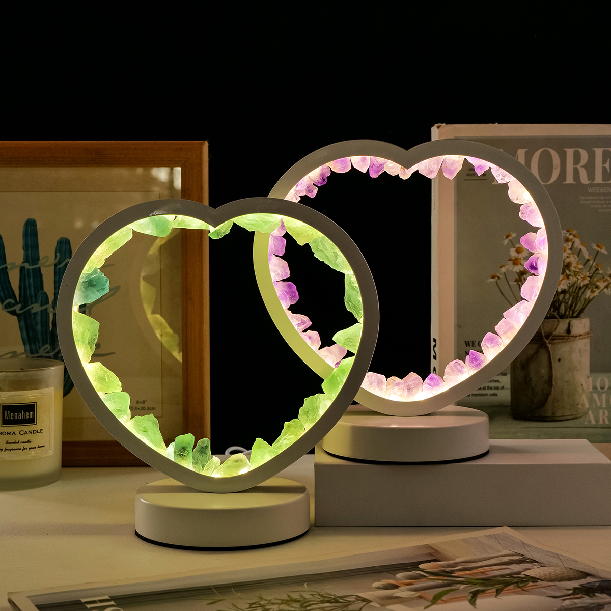 Natural stone crystal love shaped lamp healing stone amethyst crystal night light crystal crafts citrine Rose quartz lamps