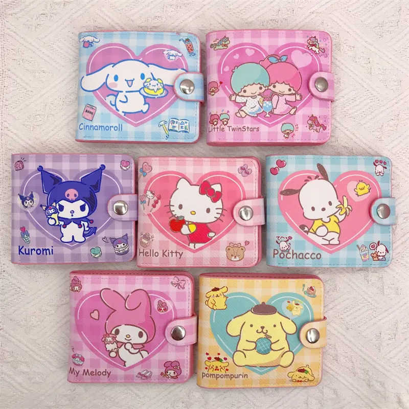 Новинка, милая серия Sanrios, повседневный короткий кошелек из ПУ кожи с рисунком My Melody Cinnamoroll Kuromi Kitty, милый мультяшный кошелек с кнопками и держателем для карт