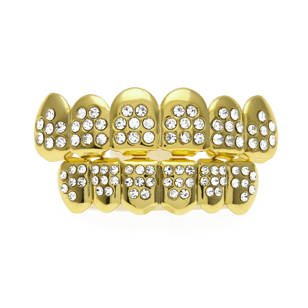 Hot Style Shiny Gilt  Star Style 6 Teeth 8 Diamond  Brace With Diamond Hip Hop Teeth Grillzs Bling