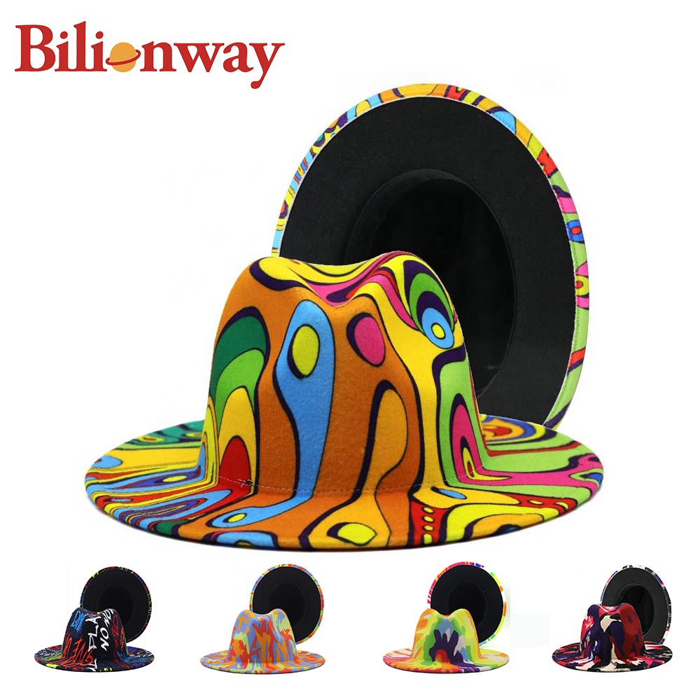 Custom Unisex Round Two Tone Jazz Graffiti Wool Wide Brim Wholesale Tie Dye Fedora Hat