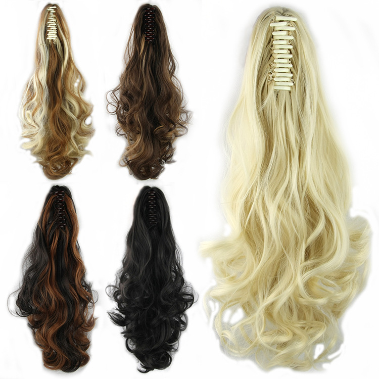 Popular 24inch Long Gray Blonde Wavy Clip on Hairpiece Extensions Tail High Temperature Fiber Synthetic Hair Claw tails