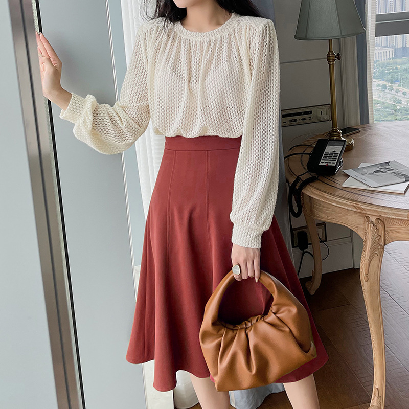 Elegant temperament high waist show thin half skirt 21 autumn new ol white-collar fan half skirt female word