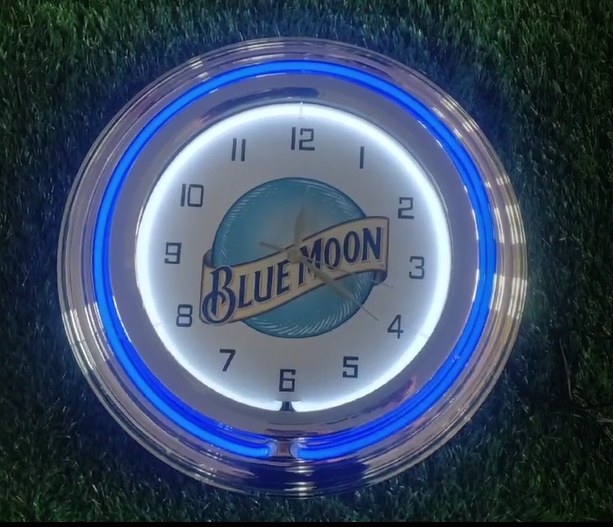 China Suppliers 12vdc Round Shape Neon Clock Glass Tube Front Neon Wall Clocks Blue Moon Custom Neon Wall Clock