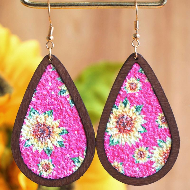 Manufacturer New Jewelry Western Style Love Texas Water Drop Geometry Sunflower Pink Leather Hoop Earrings