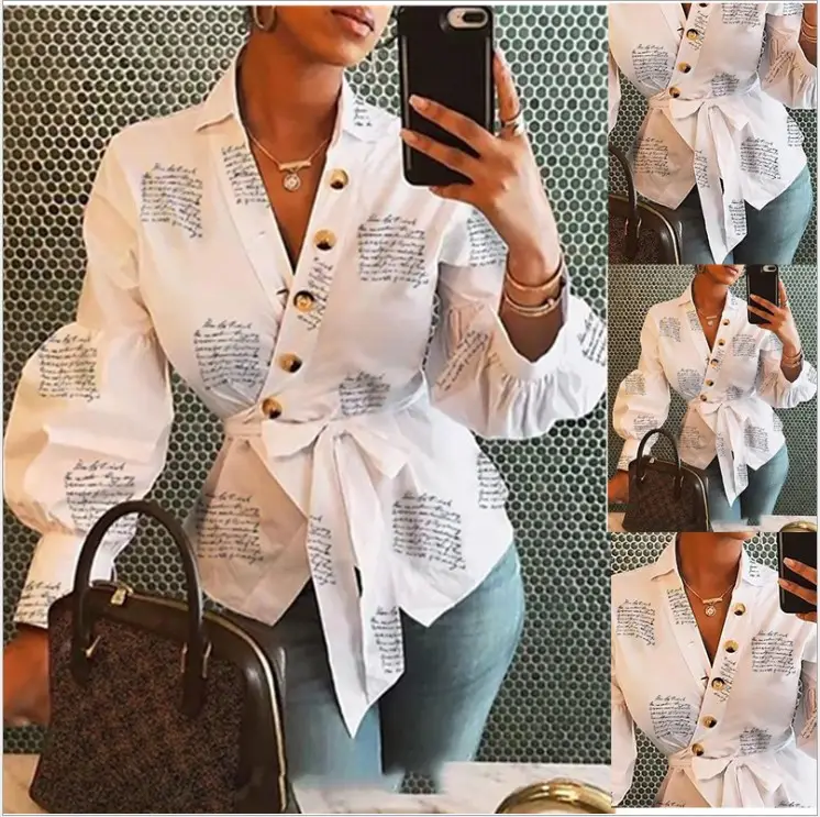 Fashion Tops For Elegant V-Neck Women Button Down Shirt For Puff Sleeve Womens Fall Tops Shirts