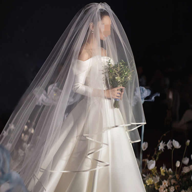 High quality two layer beige satin edge cathedral wedding veils bridal long veil