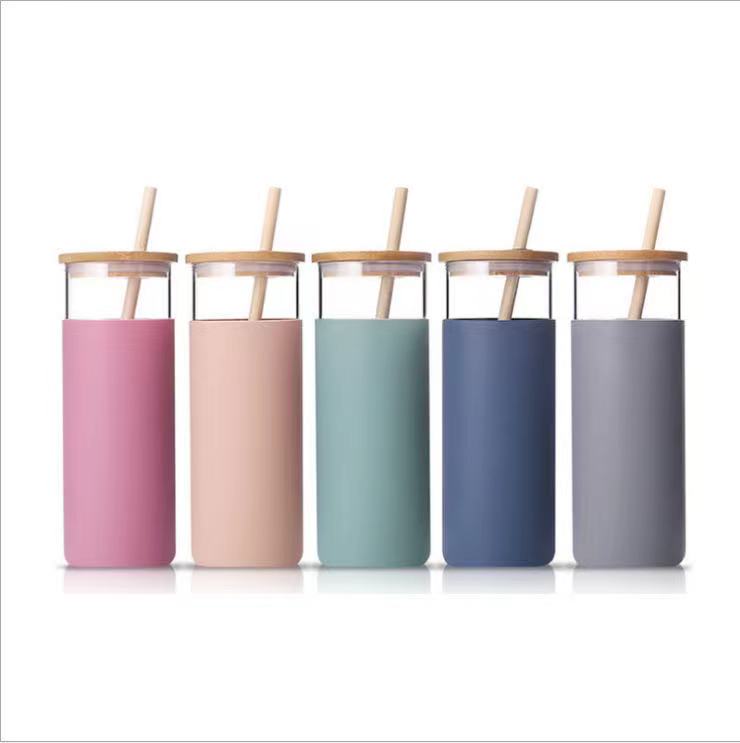 High borosilicate glass bottle mugs wooden lid tumbler cup with straw