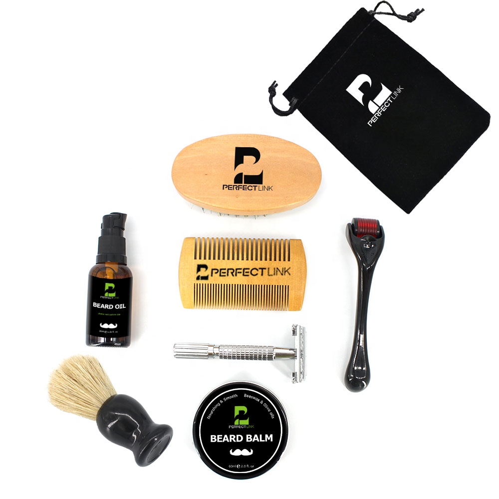 Private label 100% natural men grooming oil balm wax beard care kit with sandalwood beard oil organic