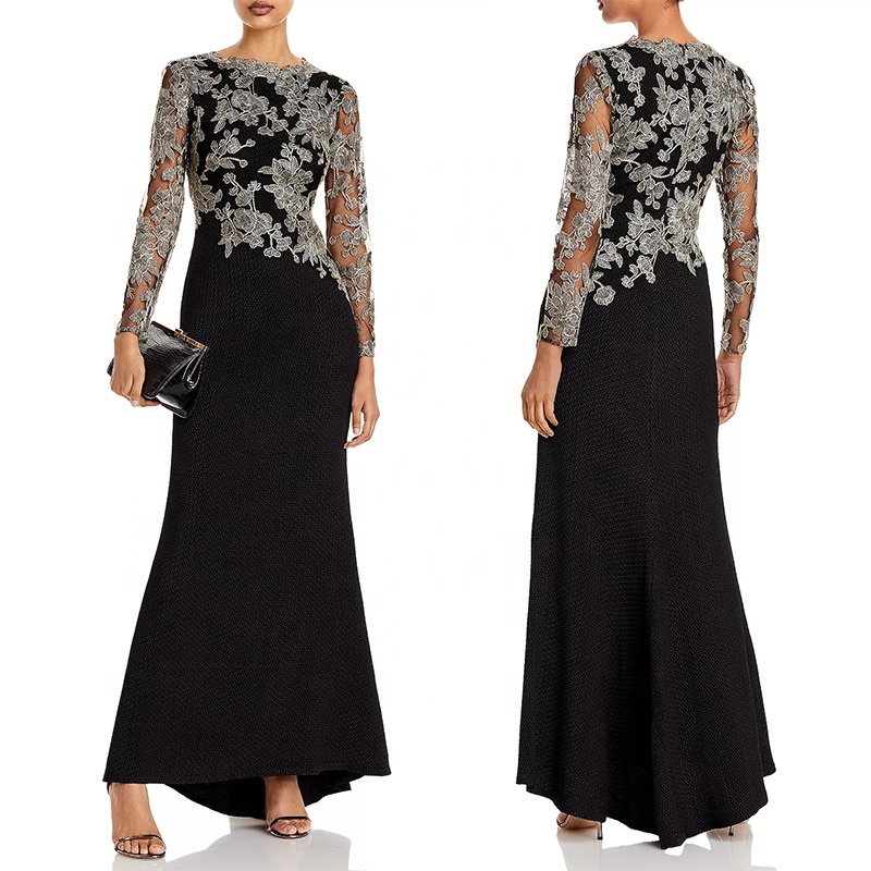 Asymmetric floral Embroidered-Bodice Crepe Gown Crew neck long sleeve evening dress 2021 women's dress