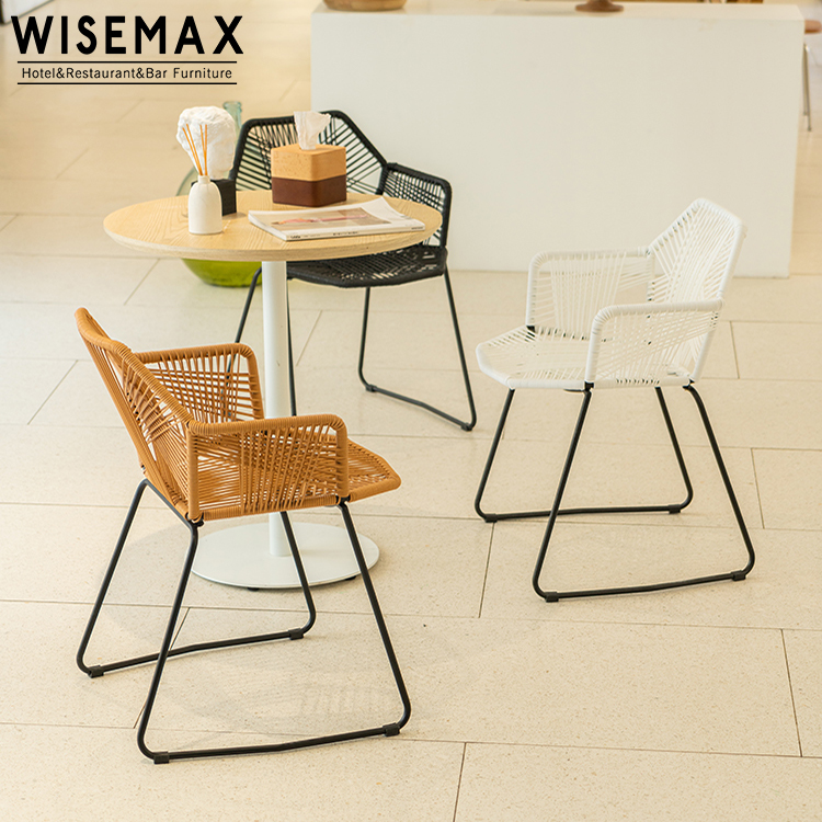 Contemporary restaurant armchair cafe metal leg lounge wicker rattan chair