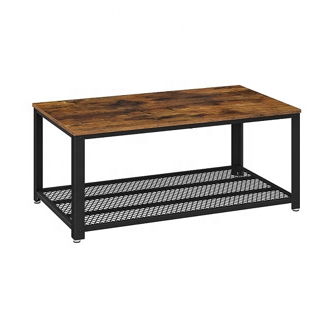 Furniture wholesaler custom Antique metal frame 2-layer wood coffee table Desktop easy to assemble rustic brown coffee table