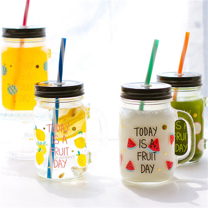 china wholesale customized handle mason jar for coffee hot drinking jar with straw glass cup jar