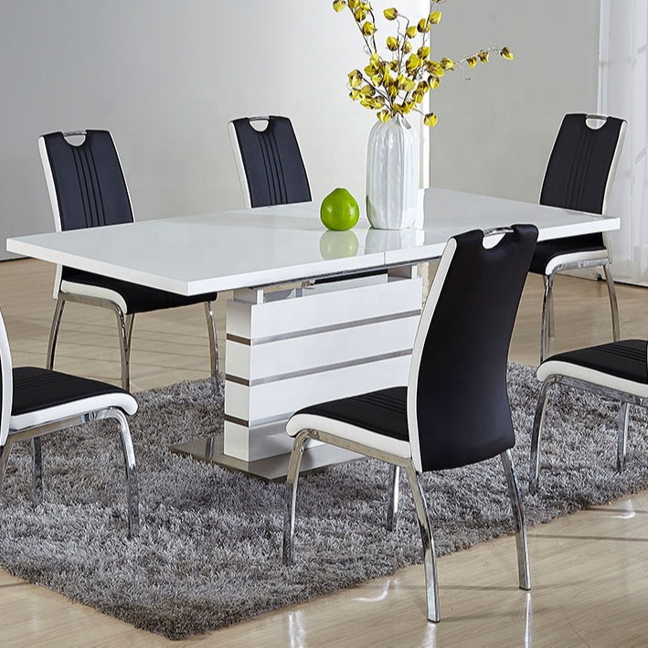 Modern design dining table set 6 chairs good quality MDF high gloss dining table with extension function