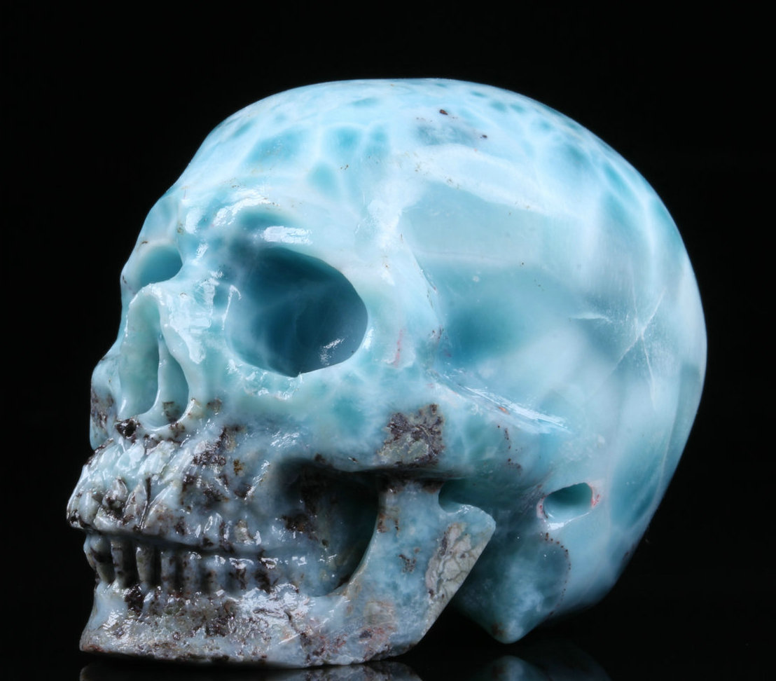 Gemstone 2.0" Larimar Carved Crystal Skull, Realistic, Crystal Healing