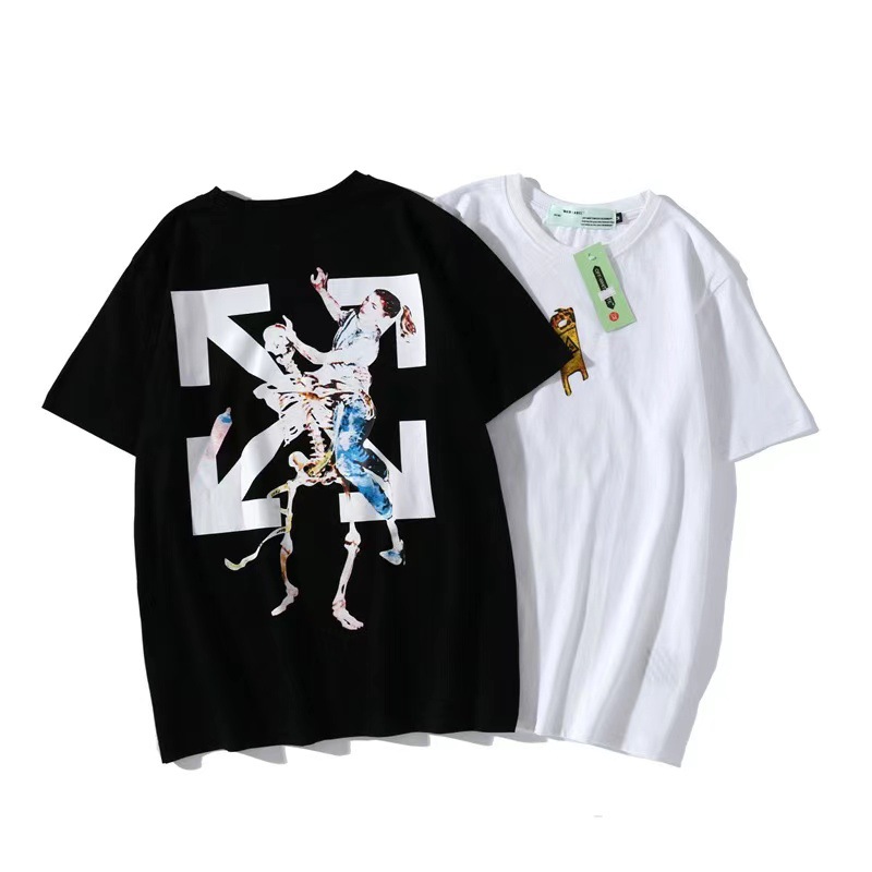 Off Whit Streetwear Pullover Skeleton Girl Arrow Printing Round Neck White T shirt
