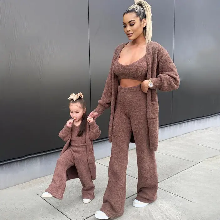 Mommy And Me Loungewear Kids Long Sleeve Top 3 Piece Set Knitwear Set Women Mother And Daughter Set Children Sweat Suits