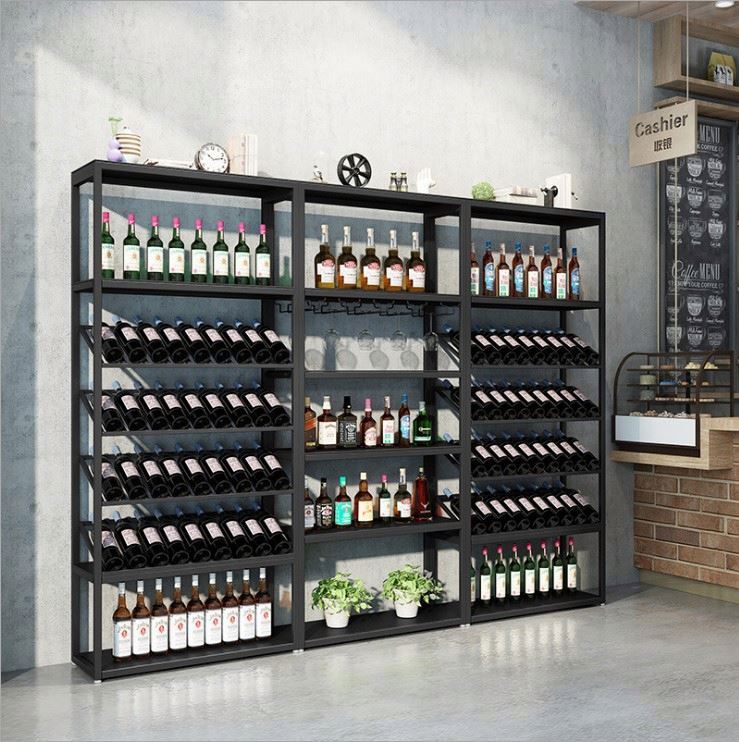 Wholesale Industrial Style Iron Floor Wine Shelf Club Pub Hotel Bar Furniture Liquor Holder Wine Display Rack