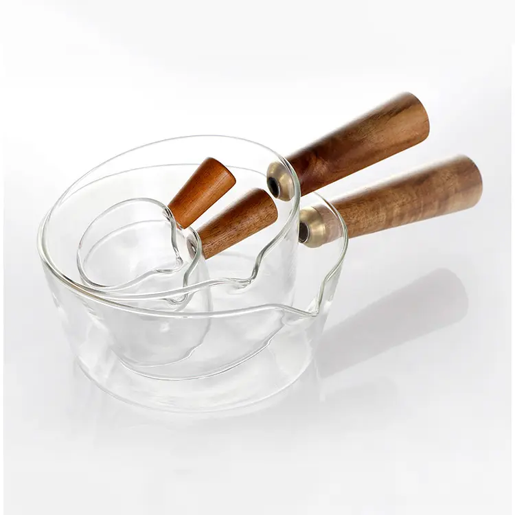 Wholesale clear high borosilicate heat resistant pyrex glass cooking pot with wooden handle
