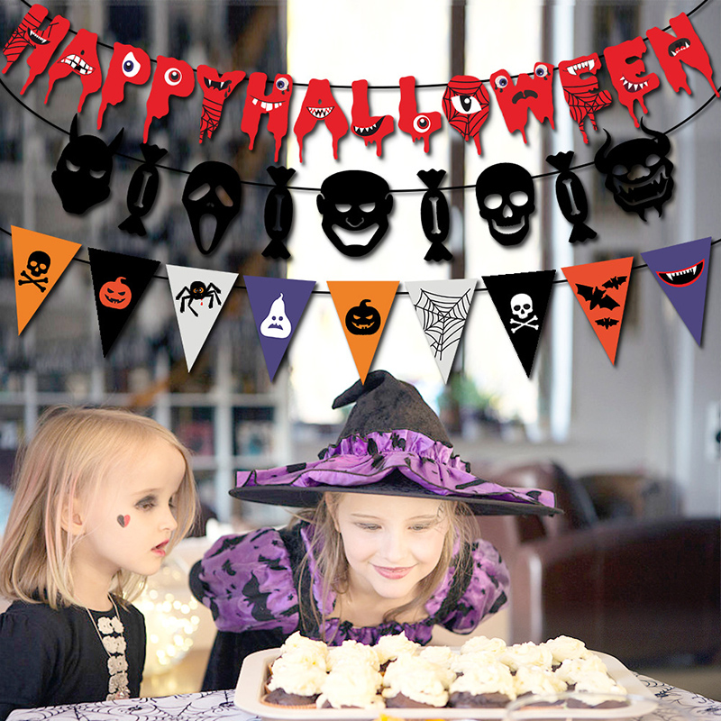 Halloween Party Banner Felt Halloween Bat Pumpkin Ghost Witch Banner Halloween Garland Decorations for Room Wall & Home