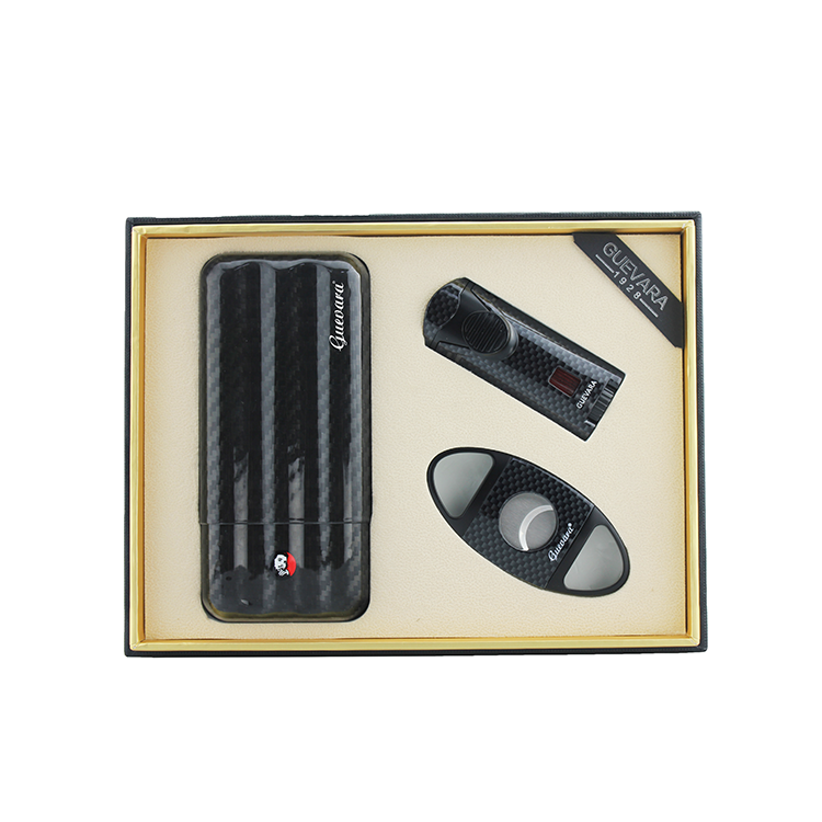 GUEVARA lightweight carbon fiber jet flame cigar lighter and cutter and three cigar tubes gift set
