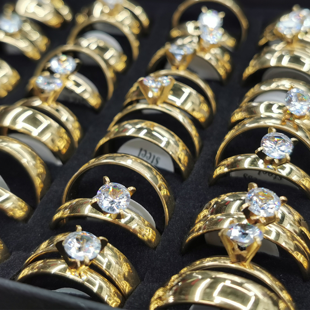Wholesale New Double Gold Plating Stainless Steel Diamond Rings For Women and Men
