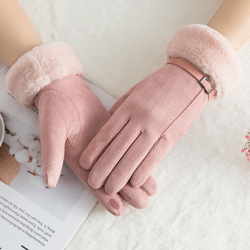 Winter Female Double Thick Plush Wrist Warm Cashmere Cute Cycling Mittens Women Suede Leather Touch Screen Driving Gloves