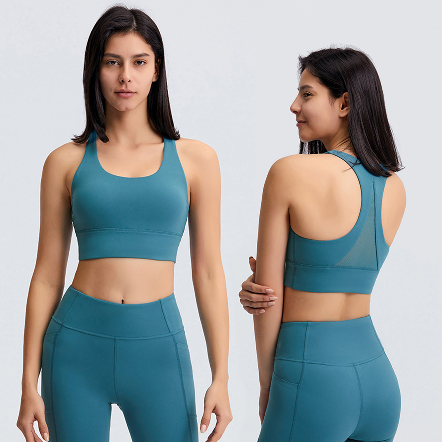 Lulu beautiful solid color double layers nylon Yoga underware sexy triangle back stitching mesh shockproof fitness Sports bra
