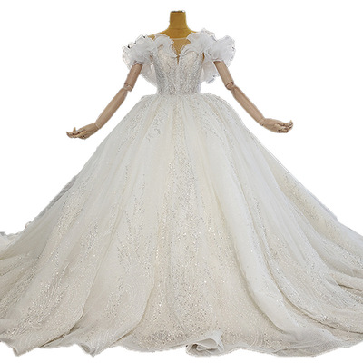 Autumn One Shoulder Long Sleeved Lace Beaded Heavy High End Luxury Puff Sleeved Open Back High Waist Tail Wedding Dress