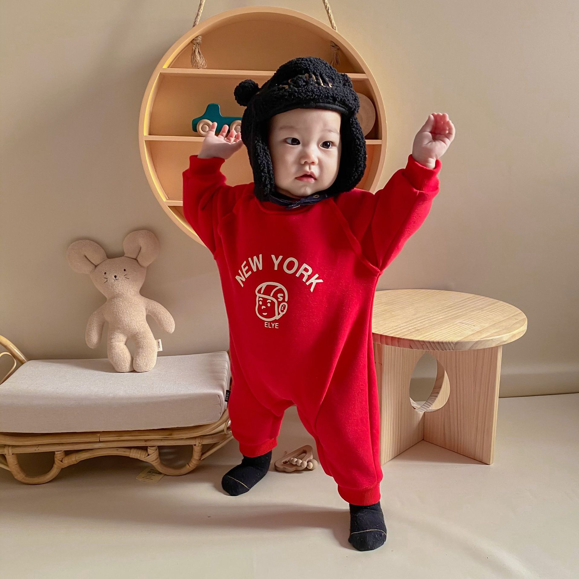 Baby letters with velvet long sleeve jumpsuit thick to keep warm