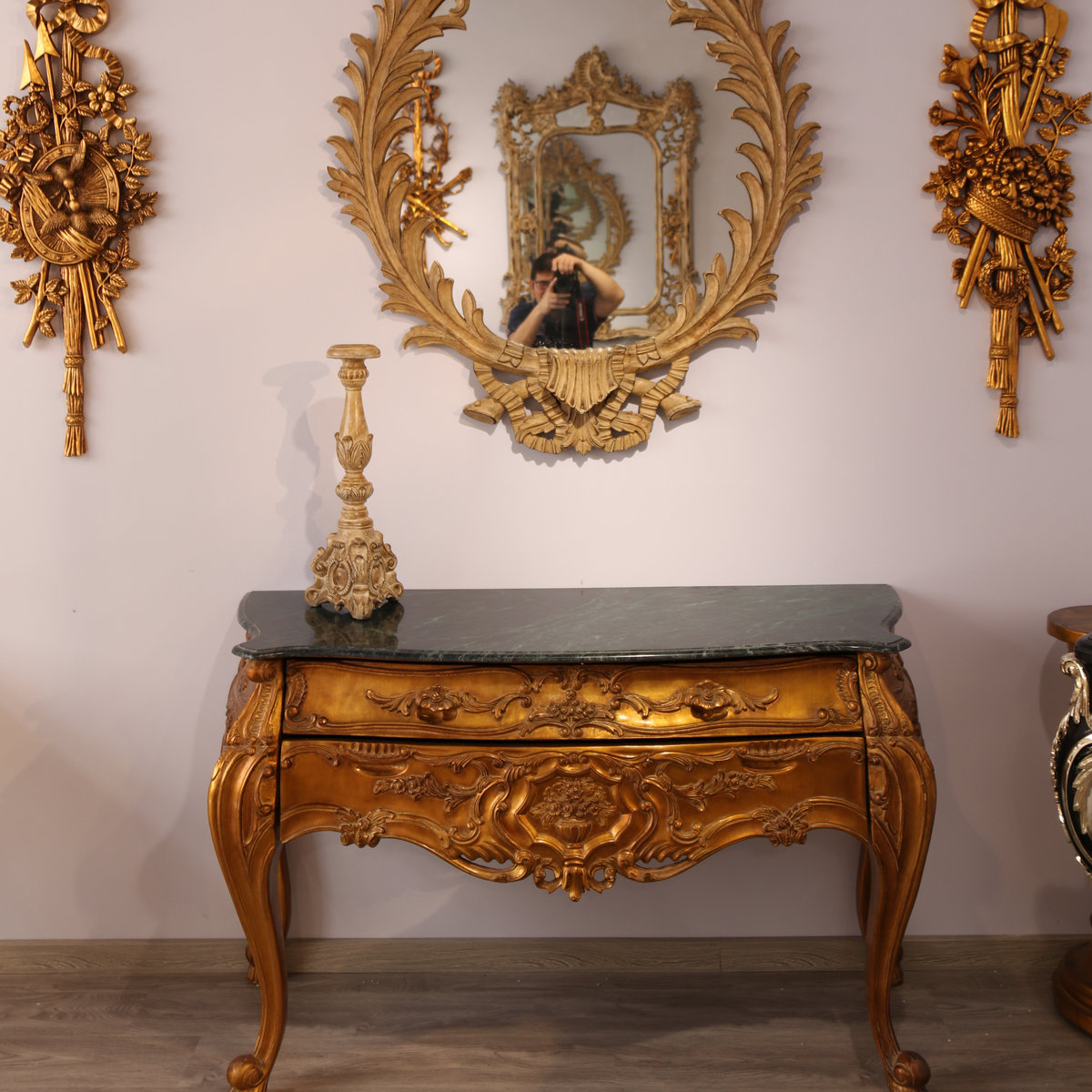 Hall way French style antique reproduction luxury gold and marble console table with drawer