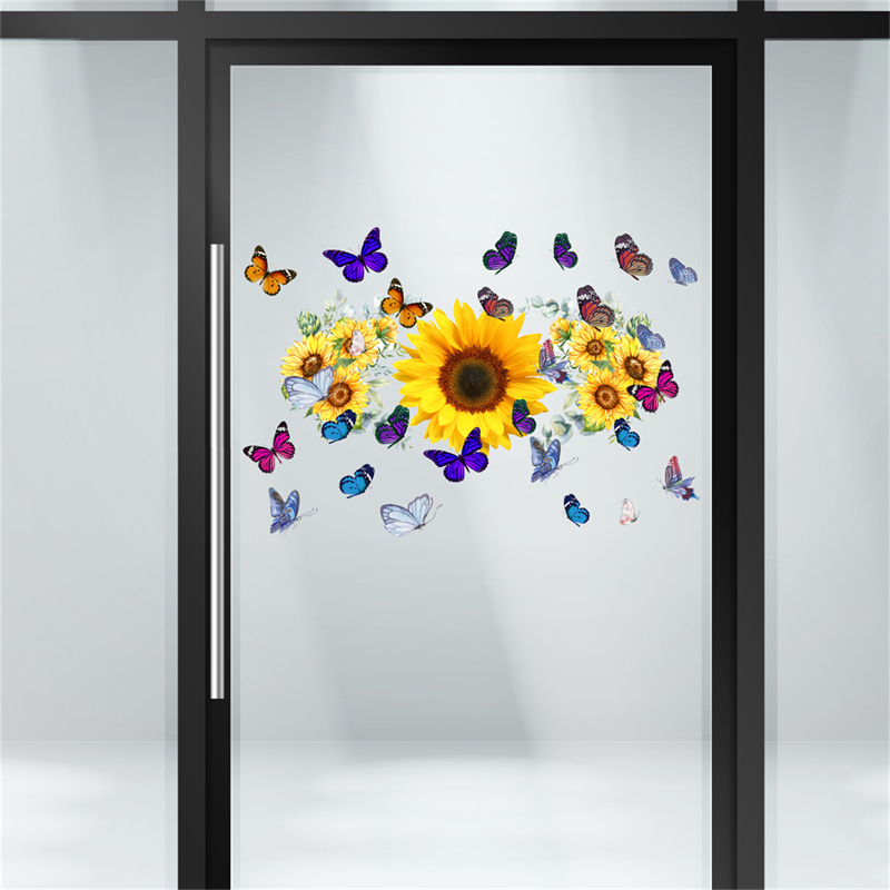 Fashion Sunflower Window Sticker Yellow Flower Butterfly Window Stickers Self-Adhesive PVC Decorative For Home Glass Window
