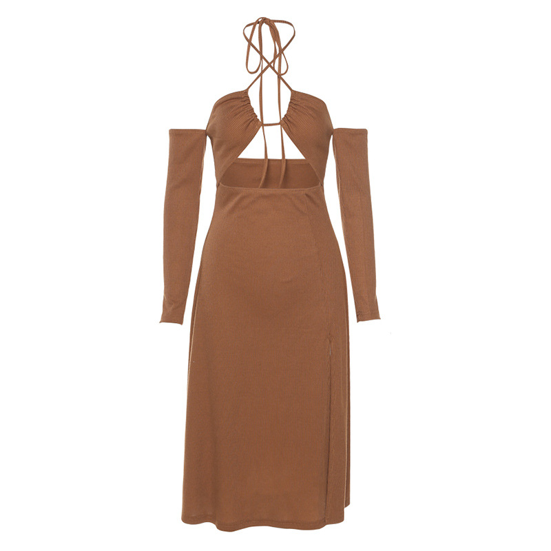 European And American Style2021new Fall Women's Clothing Fashion Halter Long Sleeve Off-shoulder Sexy Backless Slit Dress
