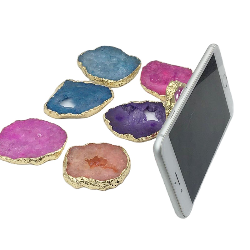 Золотым ободком по краю натуральный драгоценный камень Geode кварцевый кристалл Агат ломтик держатель мобильного телефона захватным устройством для сотового телефона