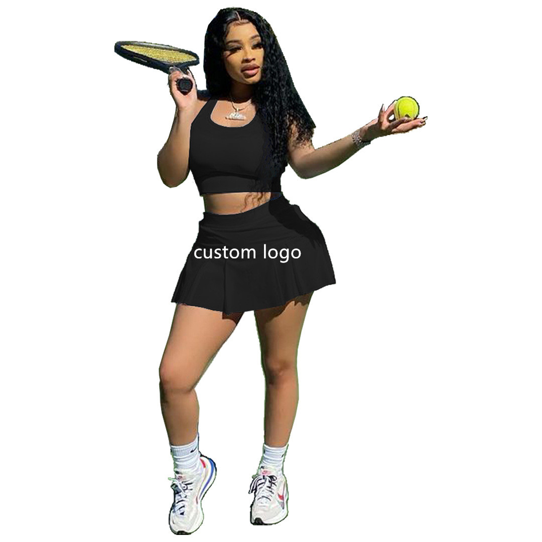 Custom Logo Crop Top skirt sportswear 2 Piece Sport Suit plain training wear tennis outfit women