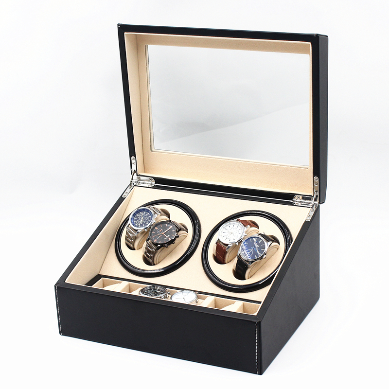 Высокое качество 4 + 6 watchwinder ПУ кожаный Автоматический 10 заводчик часов со стеклянными вставками