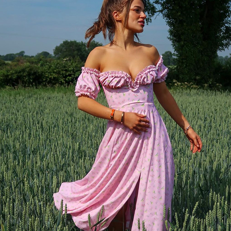 2021 Summer Best Off Shoulder Floral Dress Short Sleeve Casual Dresses for Girls