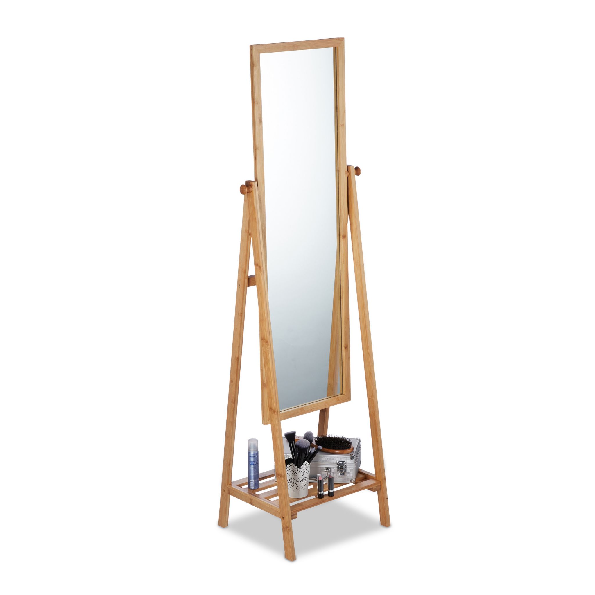 High Quality Rectangular Free-Standing Bamboo Mirror With Shelf