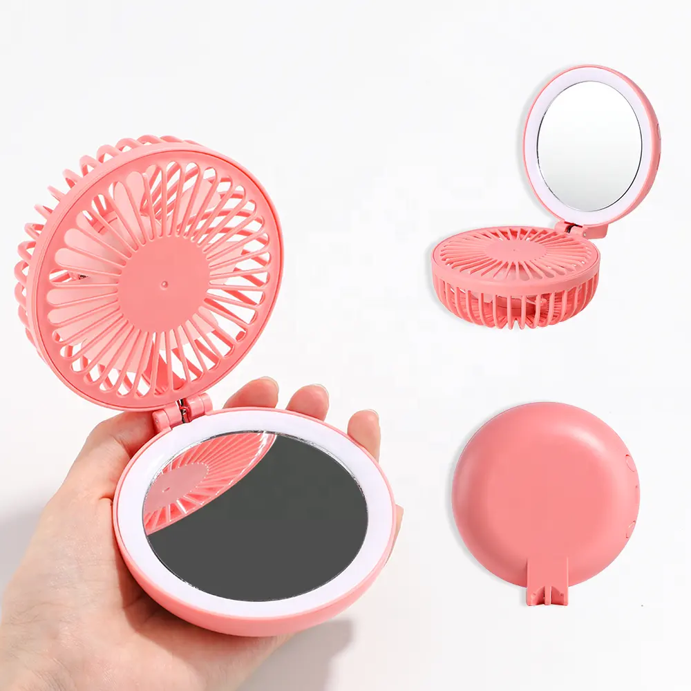 Lovely Portable Travel LED Makeup Mirror With Fan Multifunctional Pink LED Light Handheld Cosmetic Mirror With Fan