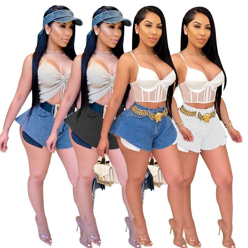 2021 Summer Mid Waist Wide Leg Jeans Shorts Sexy Super Short Water Wash Denim Shorts for Women