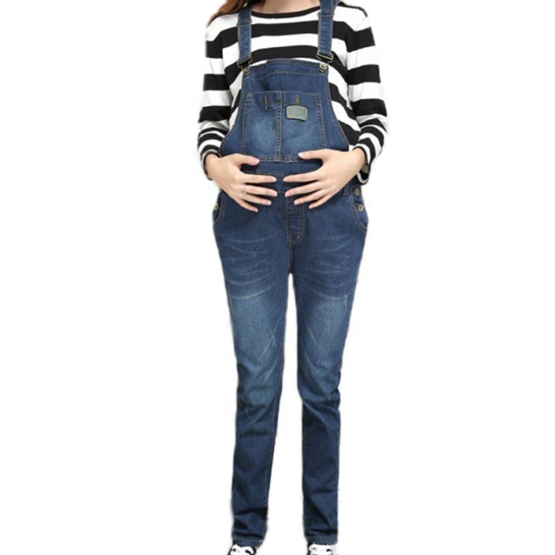 Pregnant Women's Bib Jeans Slim Stretch Feet Belly Support Pants Pregnant Women Denim Bib Pants