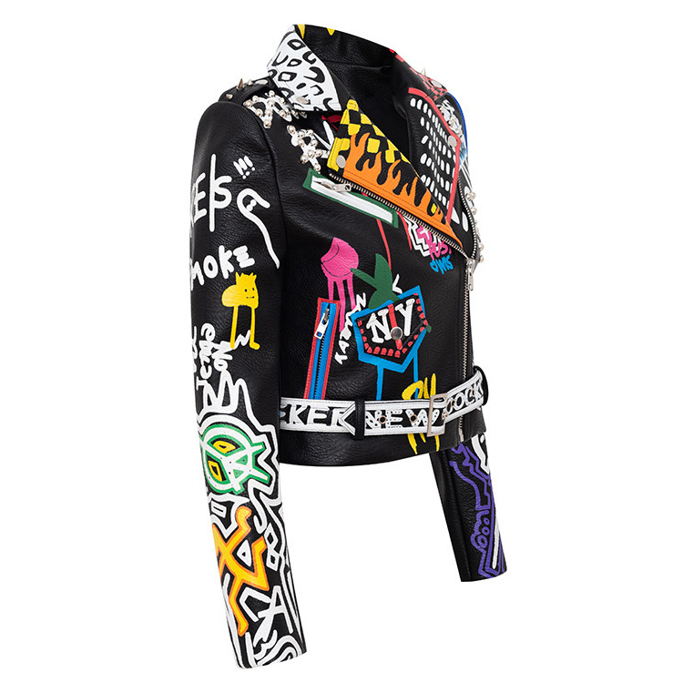 Motorcycle Print Jacket PU Leather Jacket For Ladies