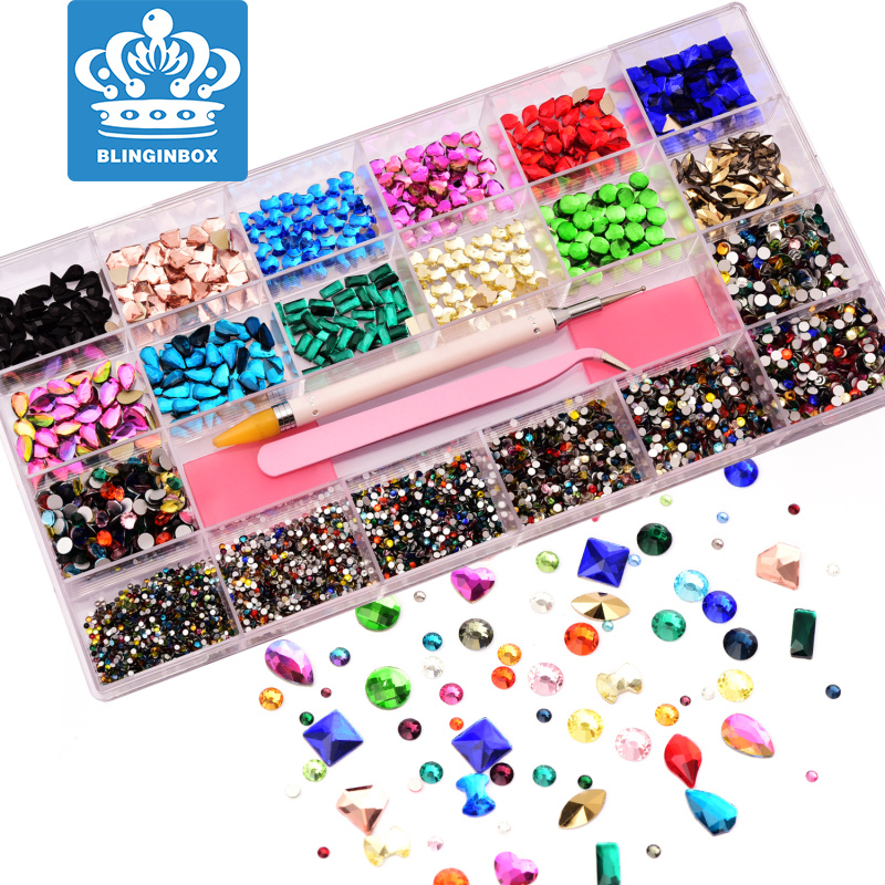 Blinginbox 10320pcs/box Multi Shape K9 Nail Rhinestones Glass Diamond Rhinestone Nail Crystal Set for Nails DIY Design