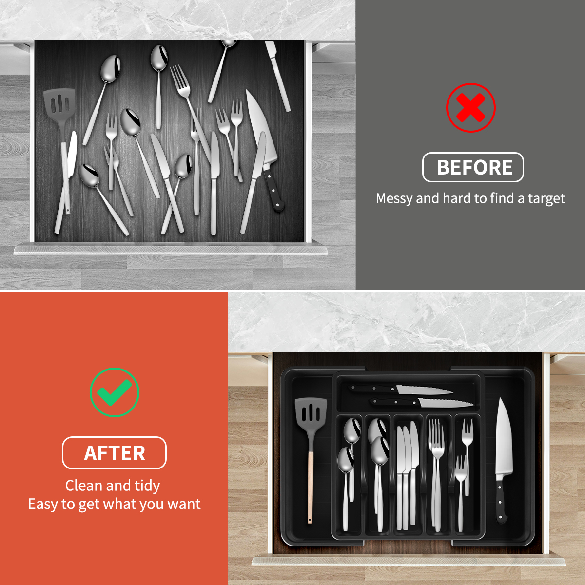 Hot Sale Drawer Flatware Storage Tray Black Expandable Cutlery Tray Plastic Organizer Tray For Cutlery