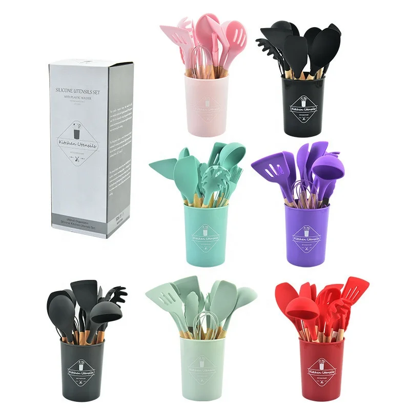 Hot Sale Good Price 12 Pieces Silicone Kitchen Accessories Kitchen Spatula Utensils Set With Wooden Handle Kitchen Cooking Tools