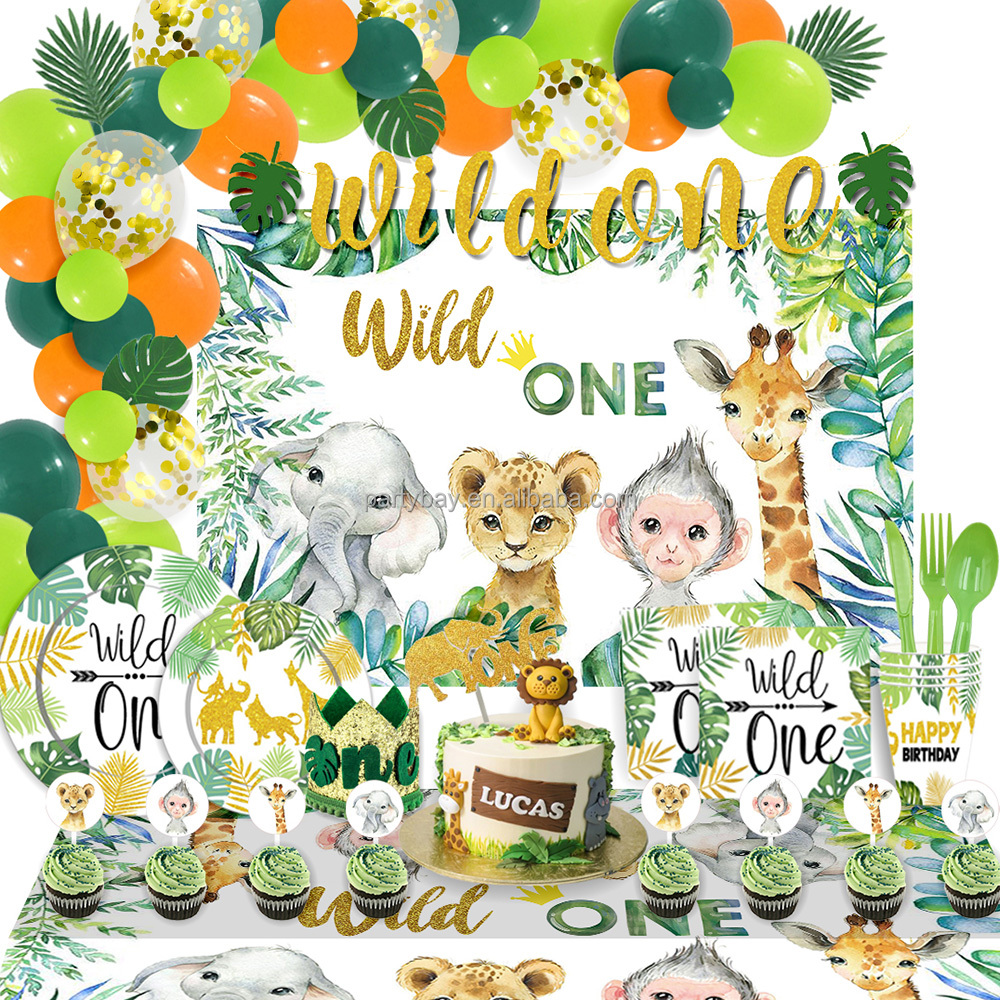 New Jungle Animal Theme Wild Party Supplies Wild One Balloon Banner Backdrop Tablecloth Kids Birthday Party Decoration