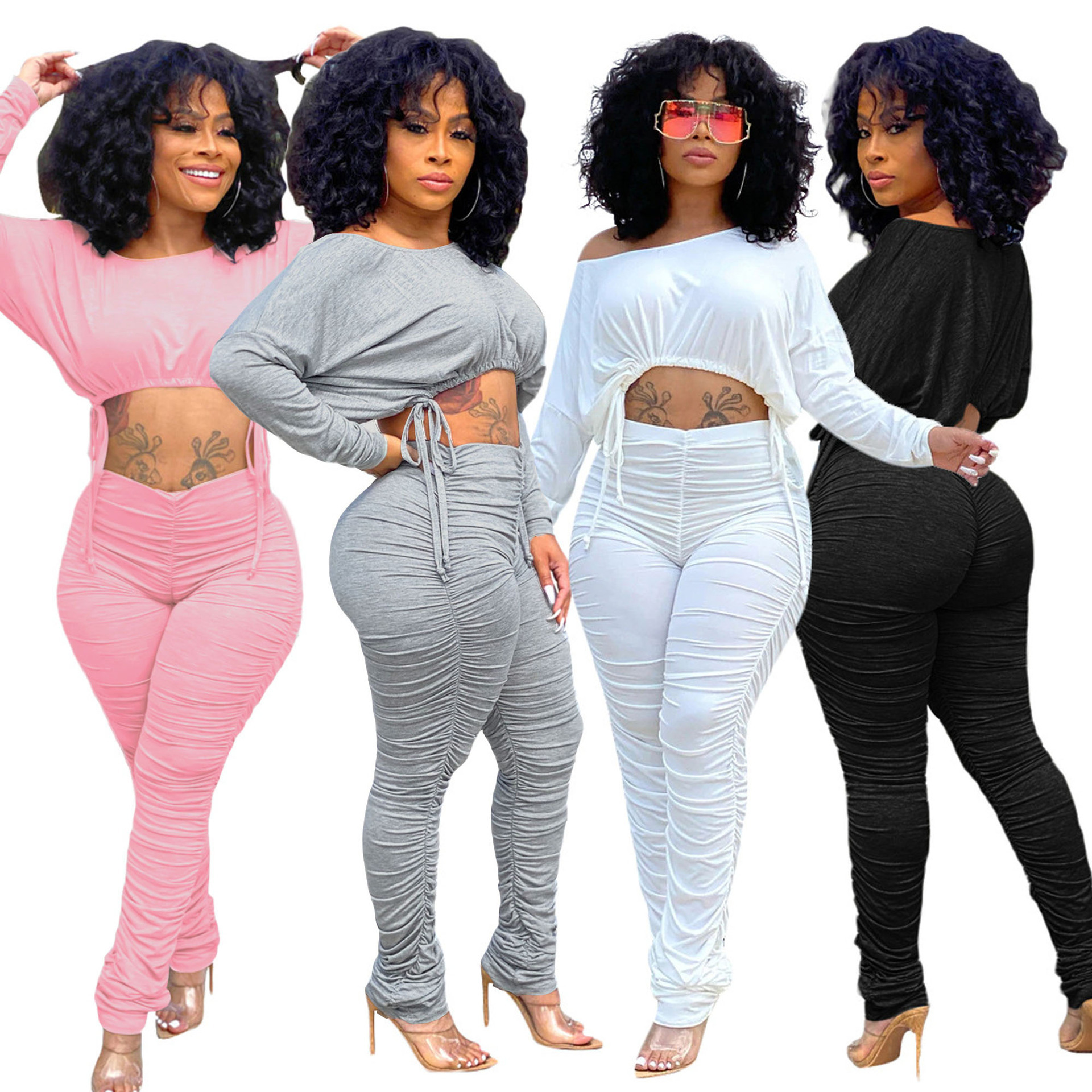 Newest Design Solid Color Fashion Pleated Sports Leisure Hollow Out Two Sets 2021 Long Sleeve Two Piece Short Set